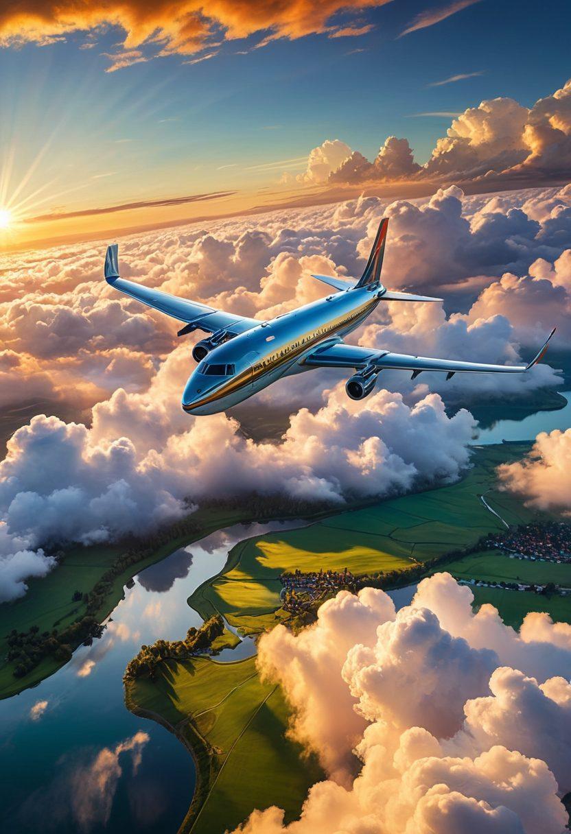 A breathtaking aerial view of a majestic airplane soaring through the clouds, with the sun setting in the background casting golden rays. Below, a patchwork of lush green fields and serene lakes reflect the colors of the sky. Include wispy clouds surrounding the plane to evoke a sense of freedom and adventure in air travel. Vibrant colors. super-realistic.