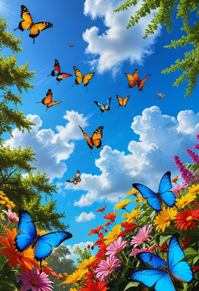 A breathtaking view of a clear blue sky filled with diverse, colorful birds soaring gracefully among fluffy white clouds. Below, a vibrant landscape shows lush greenery and blooming flowers, symbolizing the beauty of nature. The sun casts a warm golden glow, illuminating the scene and creating a sense of wonder. Include butterflies fluttering in the foreground to enhance the feeling of freedom and exploration. super-realistic. vibrant colors.