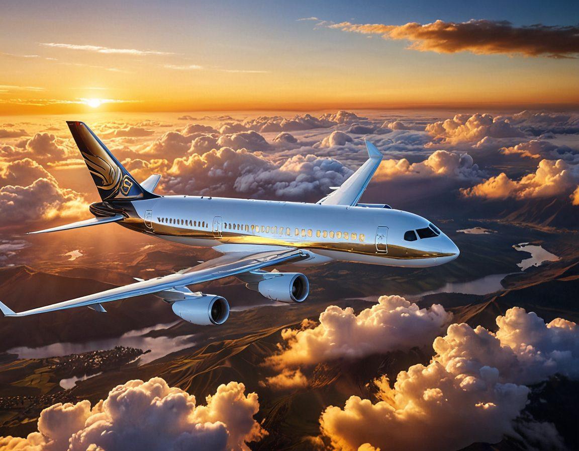 A breathtaking aerial view of a sleek, modern airplane soaring through fluffy clouds during a golden sunset, showcasing elegance in motion. Below, a tapestry of landscapes unfolds—rolling hills, shimmering lakes, and vibrant cities, evoking a sense of adventure. The airplane's shadow gracefully dances over the world beneath, symbolizing the allure of air travel. Stylish passengers inside the aircraft are captured enjoying luxurious amenities. super-realistic. vibrant colors. golden hour lighting.